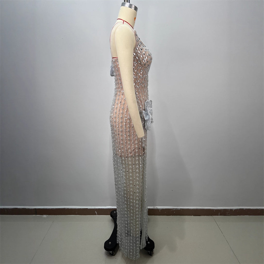 Elegant Women's Strapless Sleeveless Sequined Party Floor-Length Dress