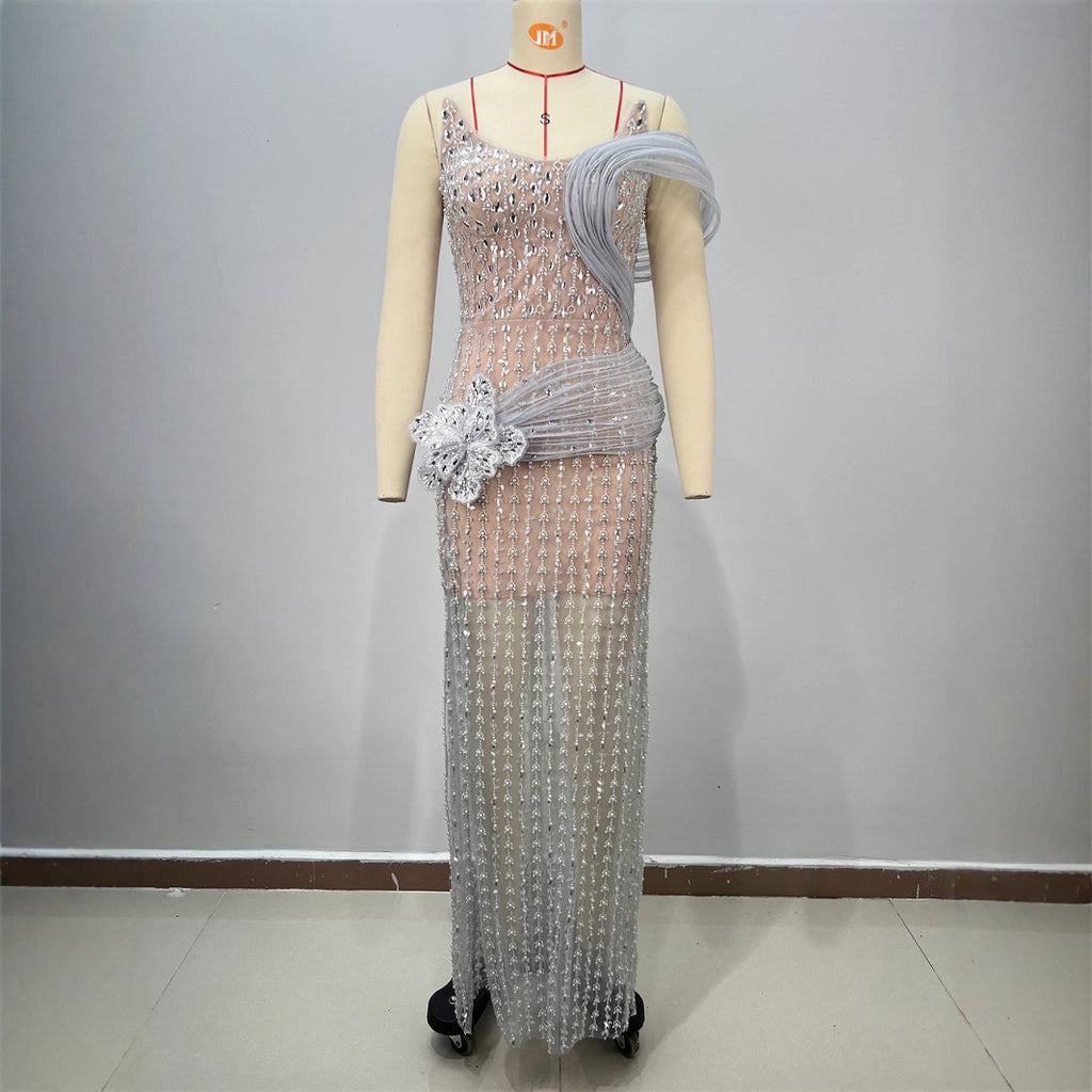 Elegant Women's Strapless Sleeveless Sequined Party Floor-Length Dress